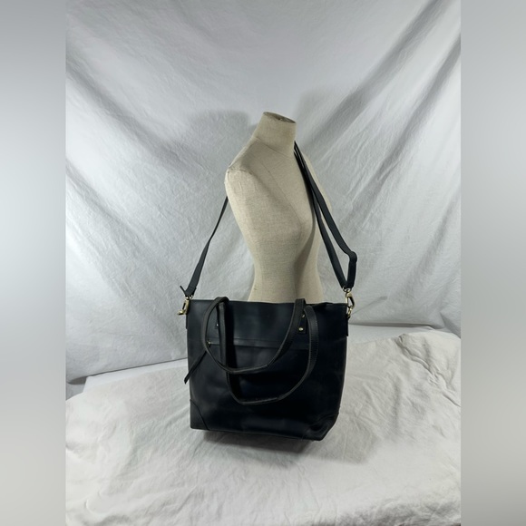 Genuine vintage large black leather tote bag carryall work school laptop carrier - Picture 15 of 16